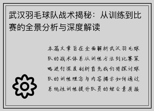 武汉羽毛球队战术揭秘：从训练到比赛的全景分析与深度解读